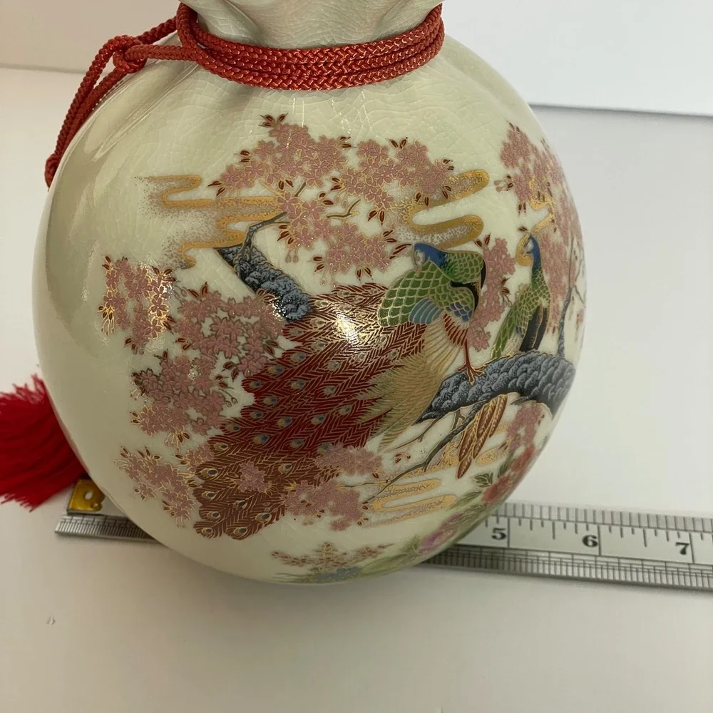 Japanese Satsuma Peacock Crackle Glaze Money Bag‎ Vase Red Tassel Gold Moriage